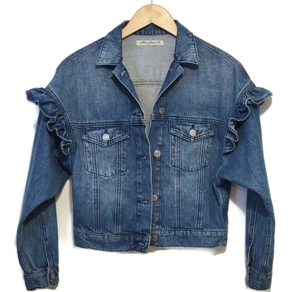 Mavi Jeans Co. Crop Ruffle Shoulder Medium Wash Denim Jacket Size XS - Picture 8 of 8
